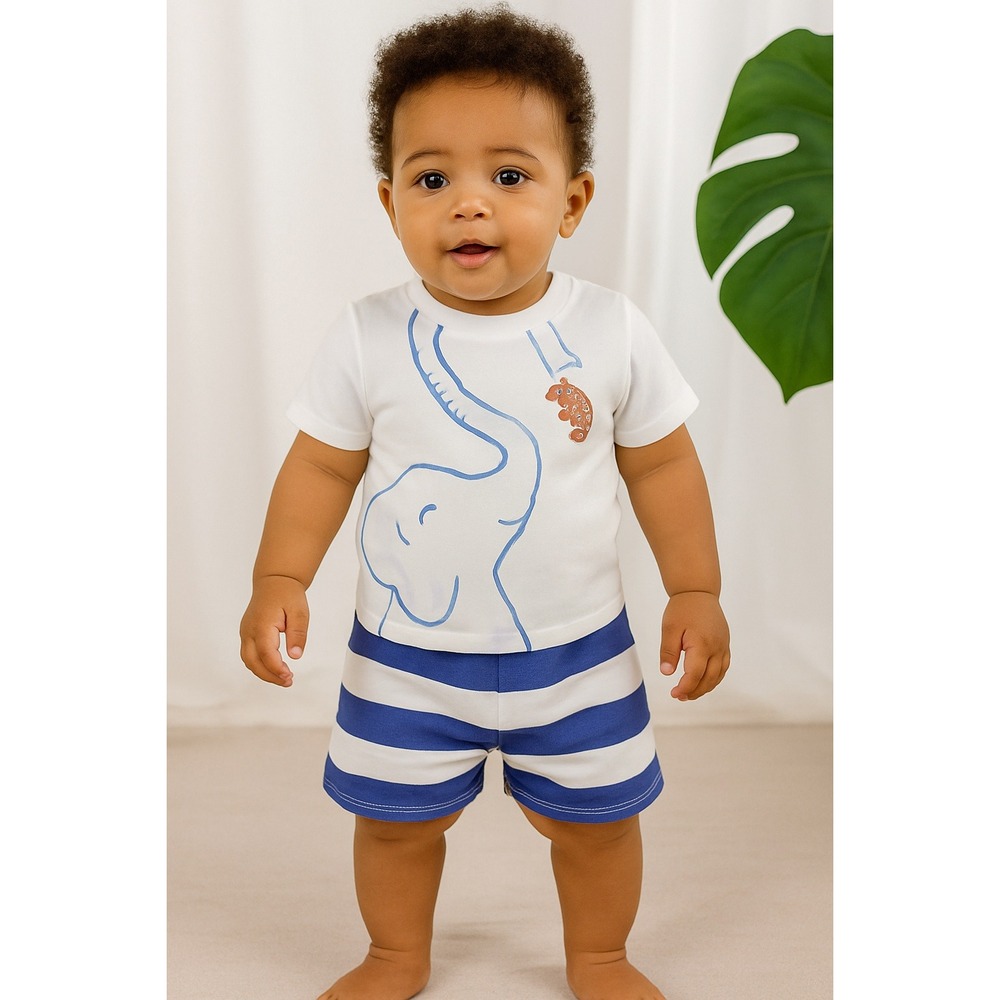 Toddler Boy 2-Piece‎ Elephant Print Outfit – White, Size 3-6 Months
